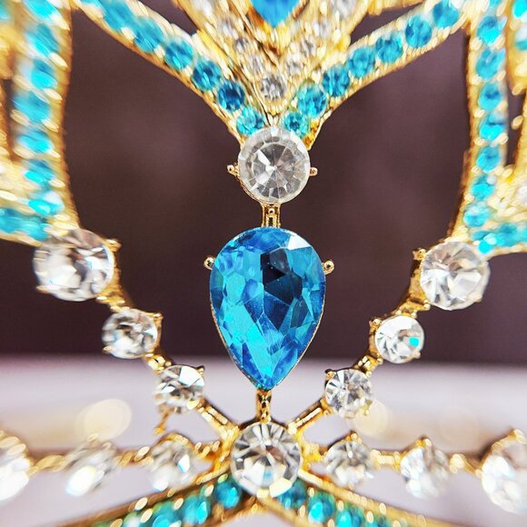 Gold Crystal Crown, Peacock Crown, Blue Crystal Tiara, Homecoming Prom Headpiece - Picture 6 of 8